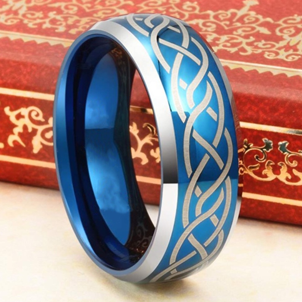 8mm Blue Laser Celtic Knot Tungsten Ring Band